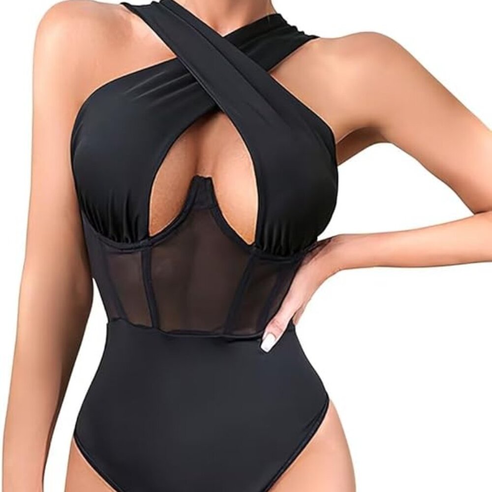 CRIPON Women's Halter Criss Cross Sleeveless Bodysuit Sheer Mesh